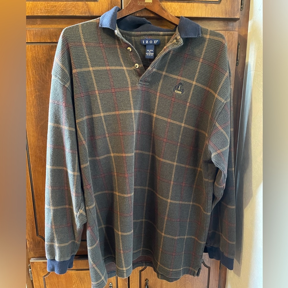 Izod Men's Polo Shirt - Navy and Tan Plaid